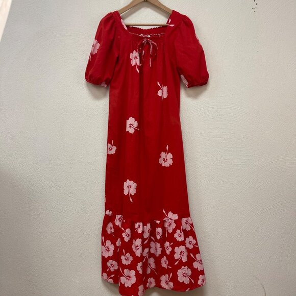 Vtg Sidan Hawaiian Red Tropical Floral Hibiscus Maxi Dress Gown sz 6 - Picture 1 of 8